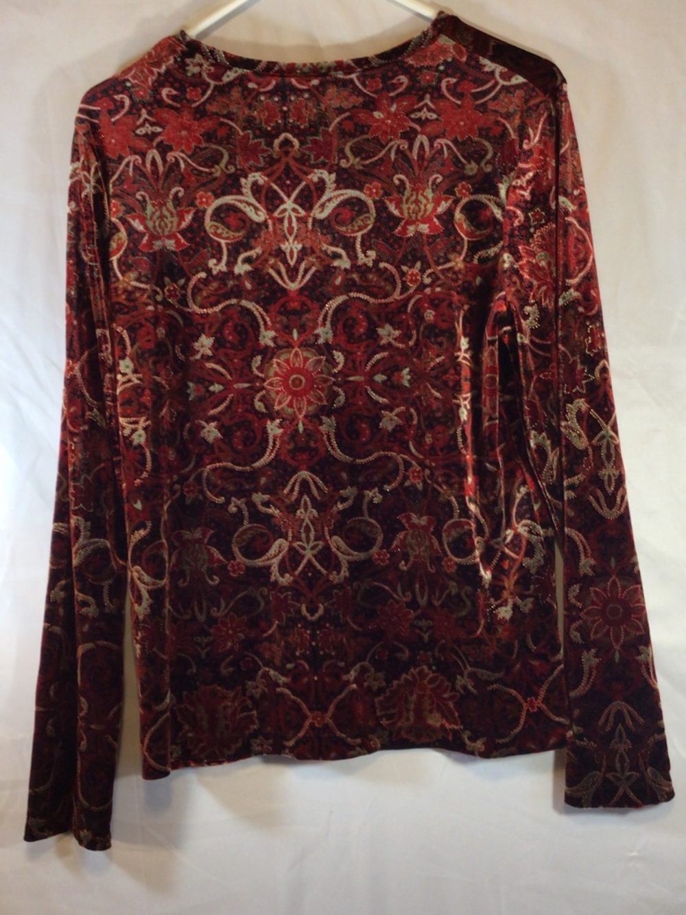 White Stage Top Large Burgundy Velvet Burnout Floral Scroll Boho Artsy Romantic - Picture 2 of 11